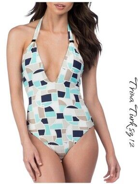 NWT Trina Turk Disco Deco Plunge Halter One Piece Swimsuit Size 12